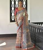 Red beautiful madhubani printed tussar silk saree for festive looks