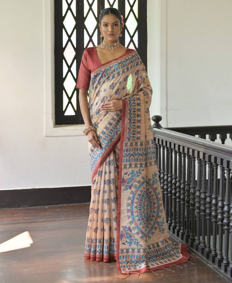 Red color beautiful madhubani printed tussar silk saree for festive looks