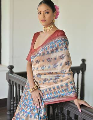Red madhubani printed tussar silk blend saree festive looks 2