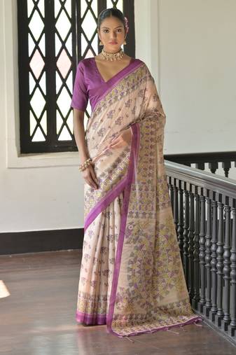 Purple color beautiful madhubani printed tussar silk saree for festive looks