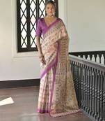 Purple beautiful madhubani printed tussar silk saree for festive looks