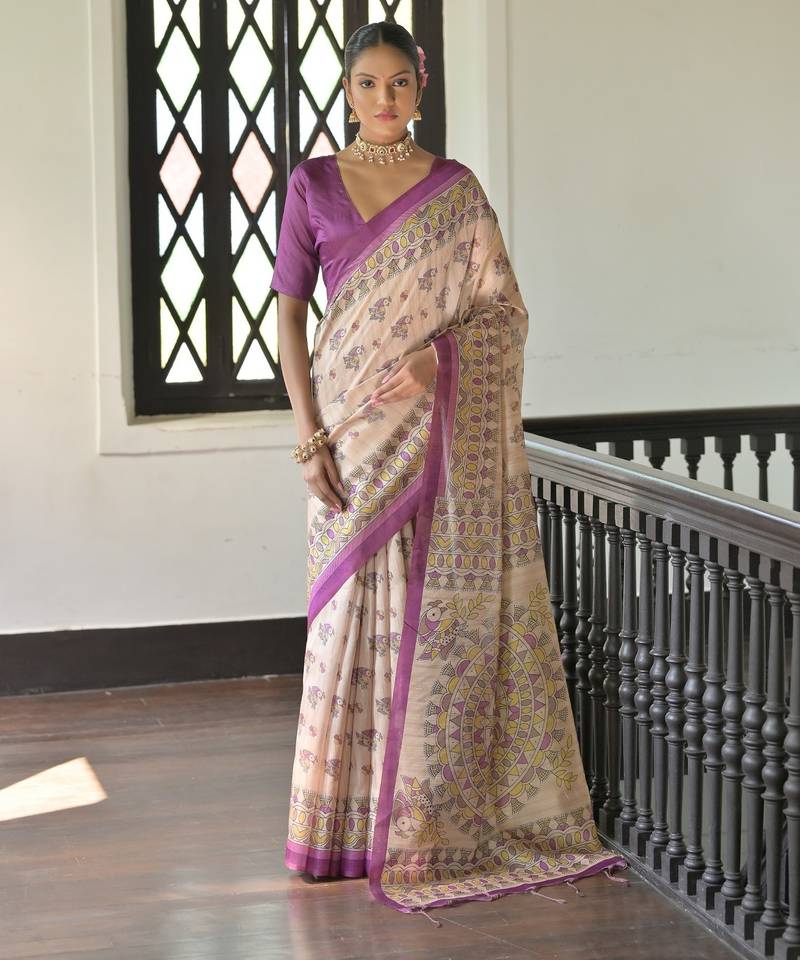 Purple color beautiful madhubani printed tussar silk saree for festive looks