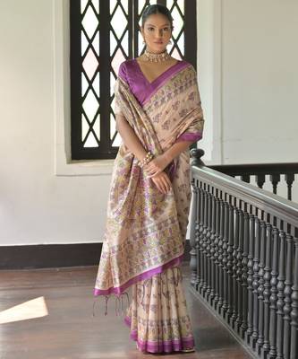 Purple madhubani printed tussar silk blend saree festive looks 3