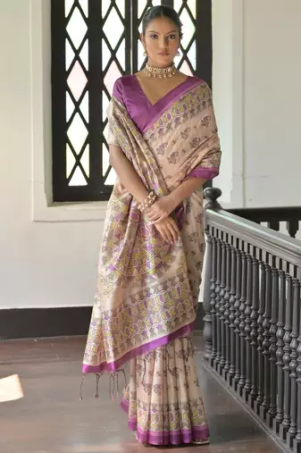Purple madhubani printed tussar silk blend saree festive looks