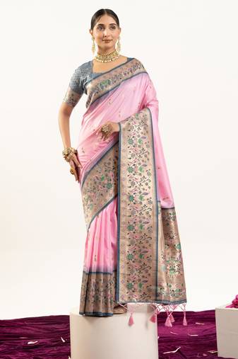 Baby pink color banarasi silk fabric paithani woven designer ethnic partywear saree