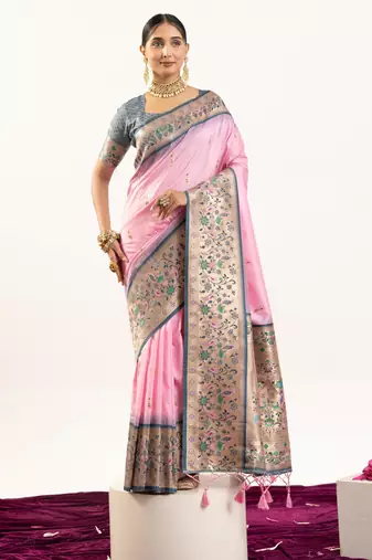 Baby pink color banarasi silk fabric paithani woven designer ethnic partywear saree