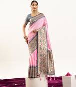 Baby pink faux banarasi silk fabric paithani woven designer ethnic partywear saree