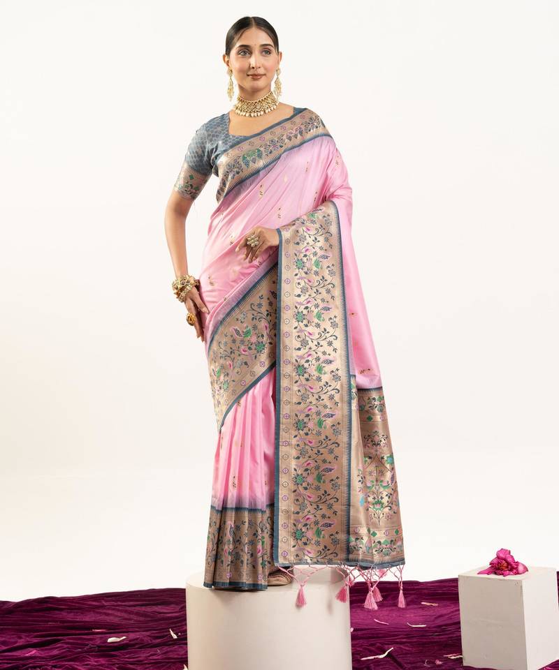 Baby pink color banarasi silk fabric paithani woven designer ethnic partywear saree