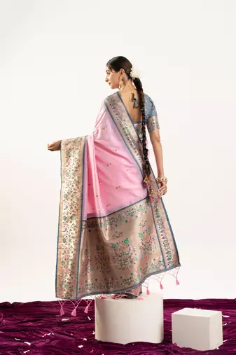 Baby pink faux banarasi silk blend paithani woven ethnic partywear saree