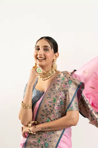 Baby pink faux banarasi silk blend paithani woven ethnic partywear saree