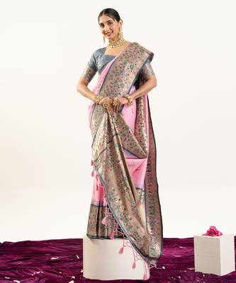 Baby pink faux banarasi silk blend paithani woven ethnic partywear saree 4
