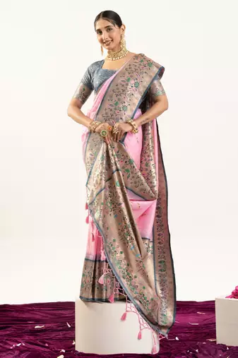 Baby pink faux banarasi silk blend paithani woven ethnic partywear saree