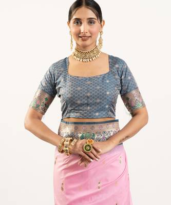 Baby pink faux banarasi silk blend paithani woven ethnic partywear saree 5