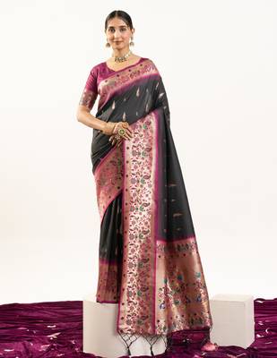 Black faux banarasi silk blend paithani woven ethnic partywear saree 1