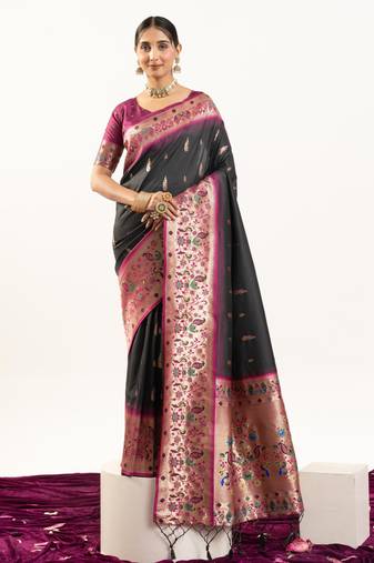 Black color banarasi silk fabric paithani woven designer ethnic partywear saree