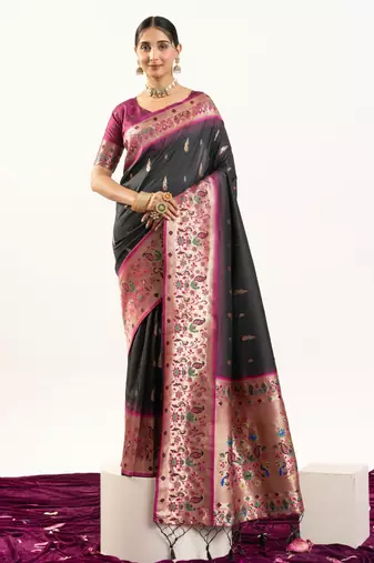 Black color banarasi silk fabric paithani woven designer ethnic partywear saree