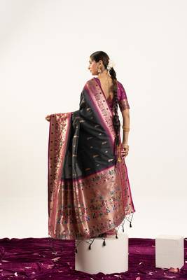 Black faux banarasi silk blend paithani woven ethnic partywear saree 2
