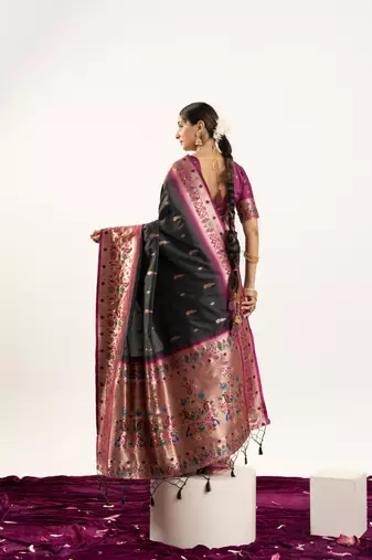 Black faux banarasi silk blend paithani woven ethnic partywear saree