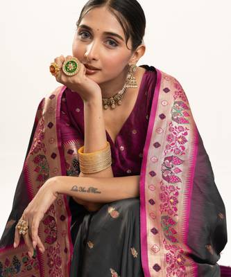 Black faux banarasi silk blend paithani woven ethnic partywear saree 3