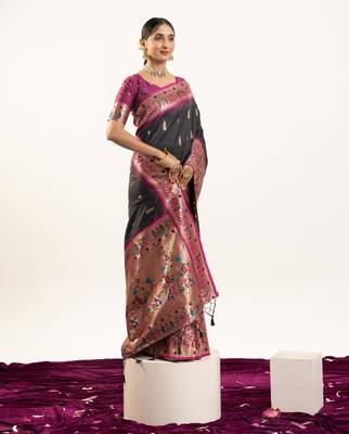 Black faux banarasi silk blend paithani woven ethnic partywear saree 4