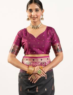 Black faux banarasi silk blend paithani woven ethnic partywear saree 5