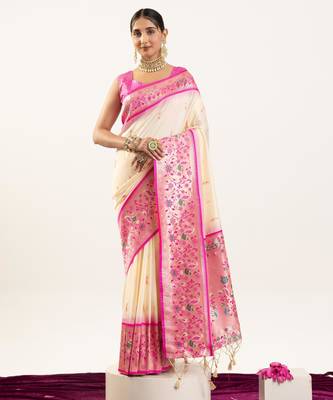 Cream faux banarasi silk blend paithani woven ethnic partywear saree 1