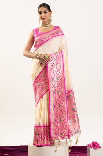 Cream color banarasi silk fabric paithani woven designer ethnic partywear saree