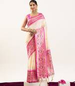 Cream faux banarasi silk fabric paithani woven designer ethnic partywear saree