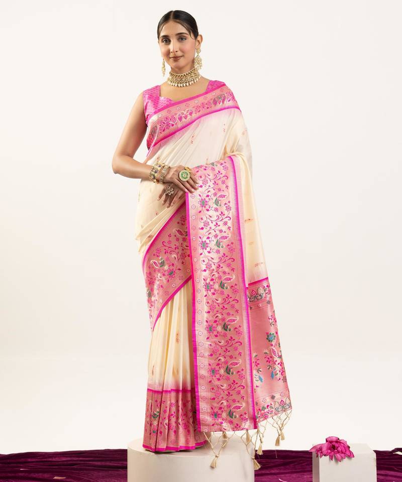 Cream color banarasi silk fabric paithani woven designer ethnic partywear saree