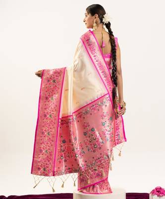 Cream faux banarasi silk blend paithani woven ethnic partywear saree 2