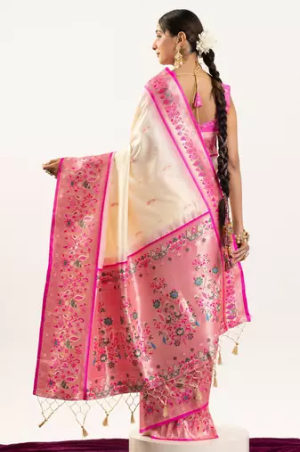 Cream faux banarasi silk blend paithani woven ethnic partywear saree