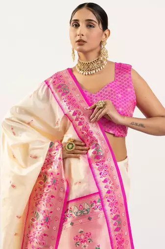 Cream faux banarasi silk blend paithani woven ethnic partywear saree