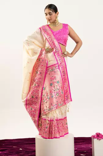 Cream faux banarasi silk blend paithani woven ethnic partywear saree