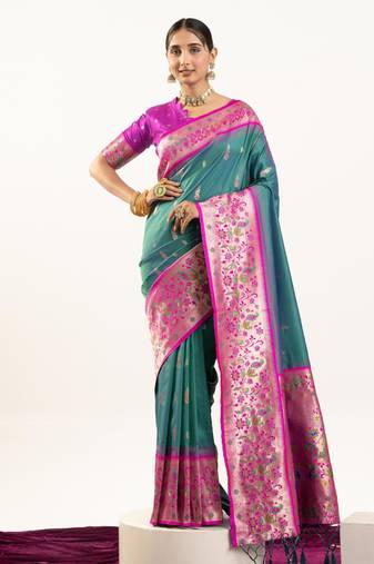 Rama color banarasi silk fabric paithani woven designer ethnic partywear saree