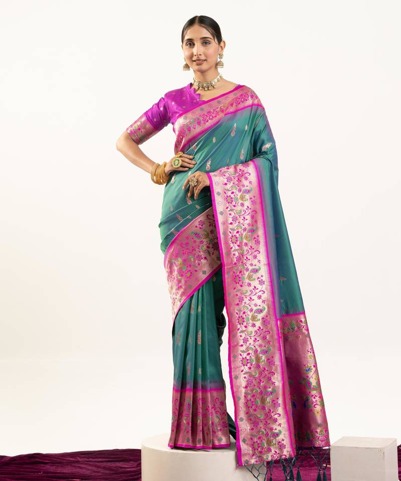 Rama color banarasi silk fabric paithani woven designer ethnic partywear saree