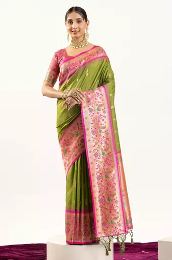 Mahendi color banarasi silk fabric paithani woven designer ethnic partywear saree