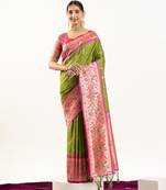Mahendi faux banarasi silk fabric paithani woven designer ethnic partywear saree