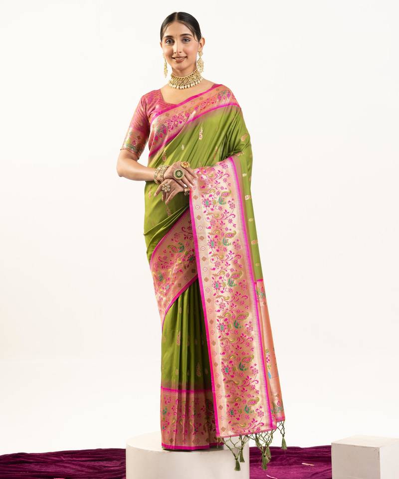Mahendi color banarasi silk fabric paithani woven designer ethnic partywear saree