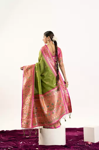 Mahendi faux banarasi silk blend paithani woven ethnic partywear saree