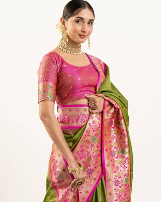 Mahendi faux banarasi silk blend paithani woven ethnic partywear saree 3