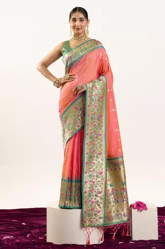 Peach color banarasi silk fabric paithani woven designer ethnic partywear saree