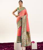 Peach faux banarasi silk fabric paithani woven designer ethnic partywear saree