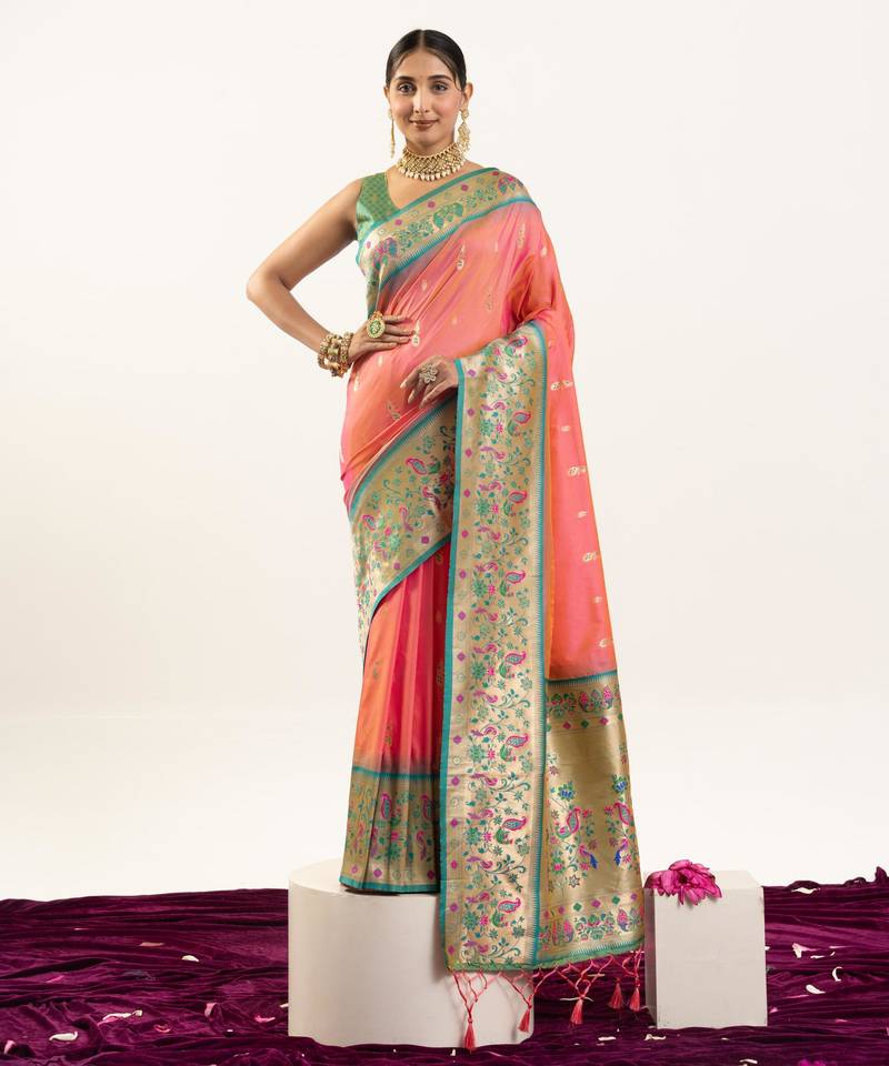 Peach color banarasi silk fabric paithani woven designer ethnic partywear saree