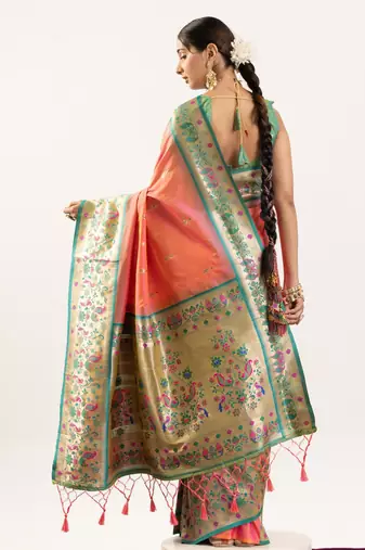 Peach faux banarasi silk blend paithani woven ethnic partywear saree