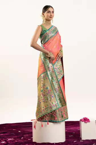 Peach faux banarasi silk blend paithani woven ethnic partywear saree