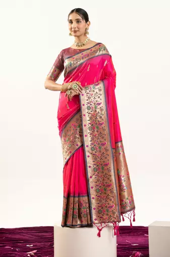 Pink color banarasi silk fabric paithani woven designer ethnic partywear saree