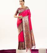 Pink faux banarasi silk fabric paithani woven designer ethnic partywear saree