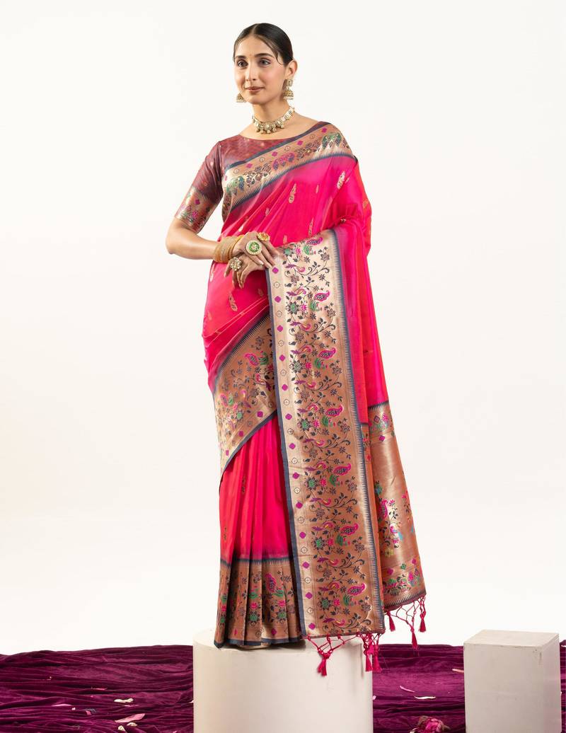 Pink color banarasi silk fabric paithani woven designer ethnic partywear saree