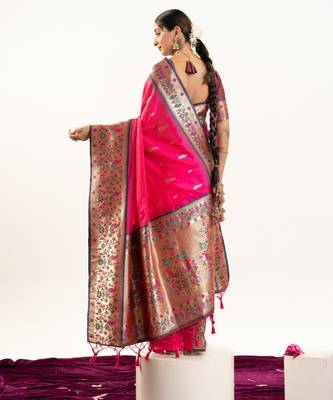 Pink faux banarasi silk blend paithani woven ethnic partywear saree 2