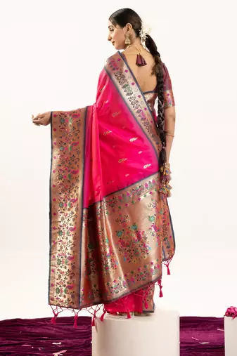 Pink faux banarasi silk blend paithani woven ethnic partywear saree